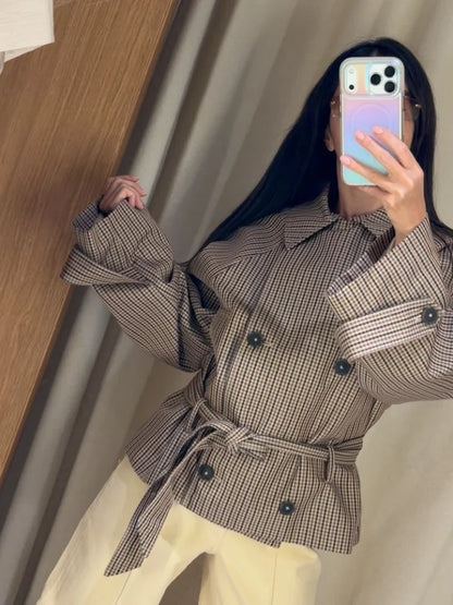 Women Casual Plaid Short Trench Coat Lapel Double Breasted Belted Waist Loose Long Sleeve Checkered Jacket Autumn Windbreaker
