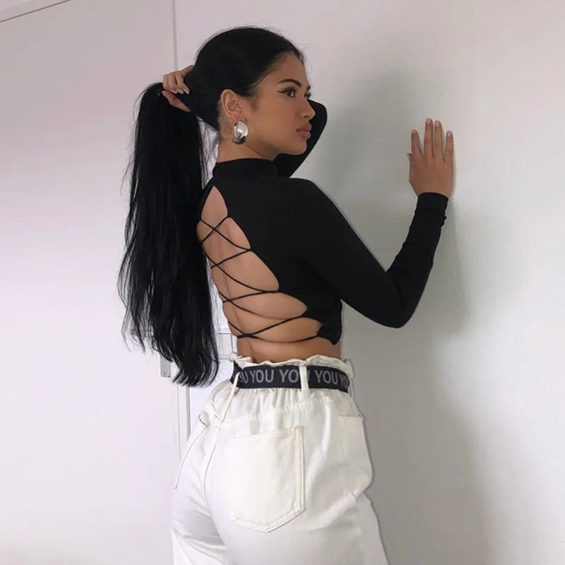 Cross-border women's hollow sexy slim-fit exposed T-shirt lace-up long-sleeved top base shirt street hipster spot