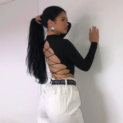 Cross-border women's hollow sexy slim-fit exposed T-shirt lace-up long-sleeved top base shirt street hipster spot