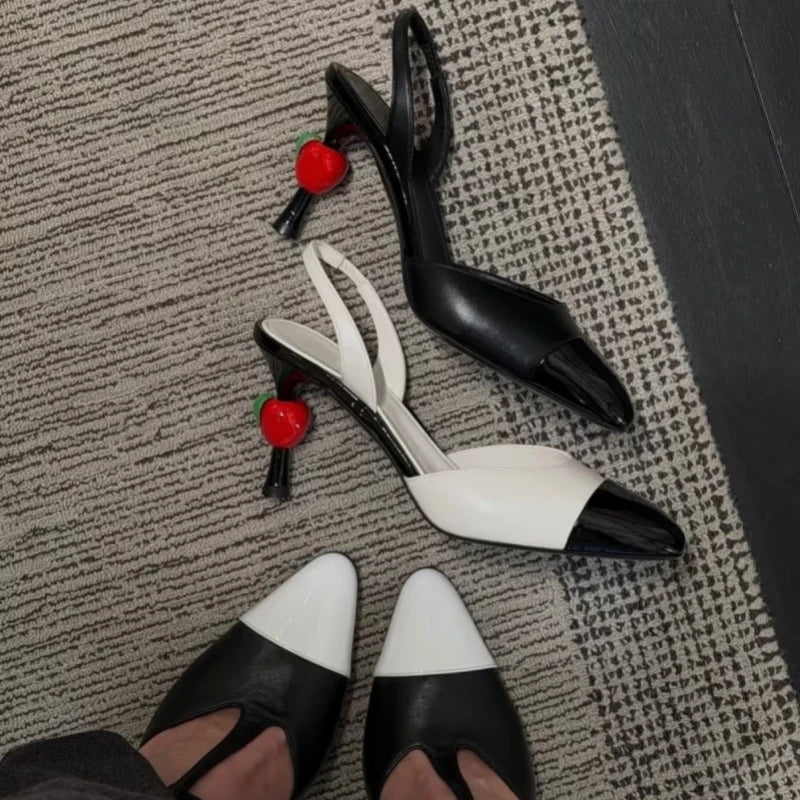 2026 Summer New Elegant Female Shoes Patchwork Pointed-Toe Stiletto Heels Sandals Luxury Trendy Back Strap Cherry High Heels 9cm
