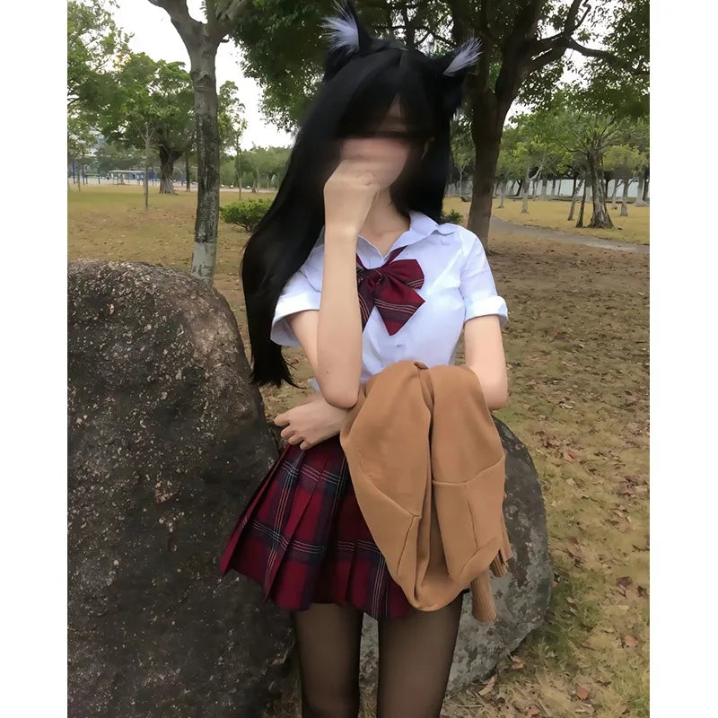 Cosplay School Uniform for Girls Japanese Students JK Uniform Short-sleeved shirt, Red Checked Skirts
