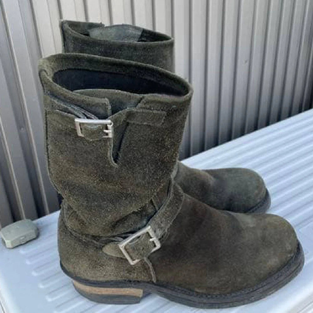 Dark Green Suede Men's Boots Thick Heeled Buckle Strap Motorcycle Boots Knight Boots British Style Trendy Handmade Men's Boots