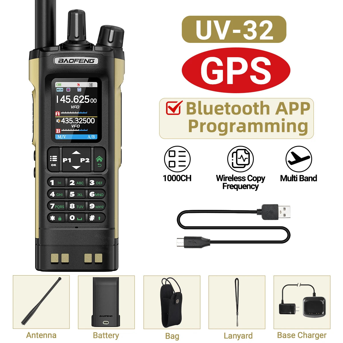 Baofeng UV-32 Walkie Talkie GPS 10W High Tri Power Bluetooth Wireless Programming UHF VHF Scrambler Type C Charge Two Way Radio