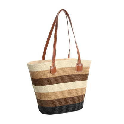 Fashion Straw Tote Bag Stripe Large Capacity Woven Shoulder Bag Square Zipper Woven Hat Vacation Top-Handle Bags