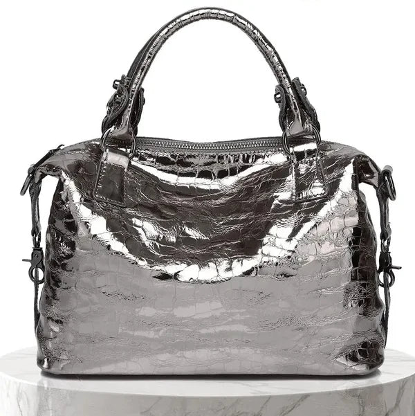 Real Leather Shiny Tote Handbags For Women Fashion Genuine Cowhide Leather Metallic Lady Bags With Shiny Embossed Coating