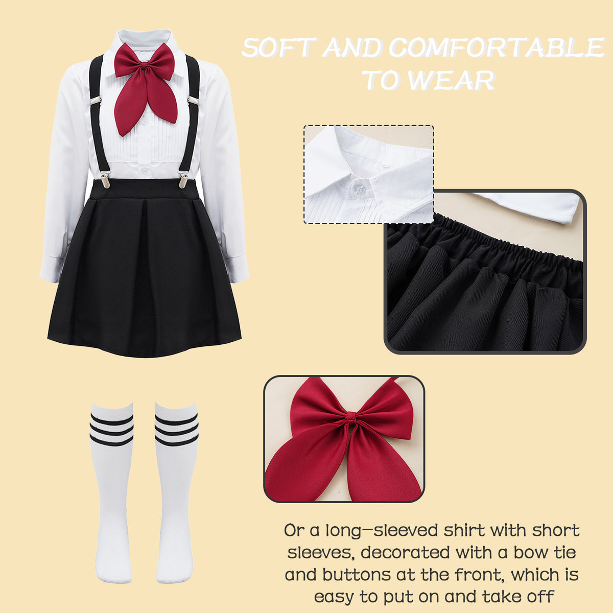 Children Girls Choir Outfits School Uniform Bow Tie Shirt with Suspender Skirt and Socks Schoolgirls Stage Performance Costume