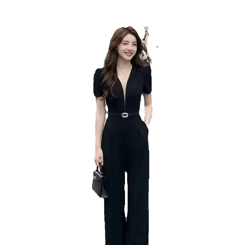 Lazy Style Slimming Short Sleeved Jumpsuit For Women 2026 Summer New Fashion French V-neck Versatile trend Long Women's Rompers