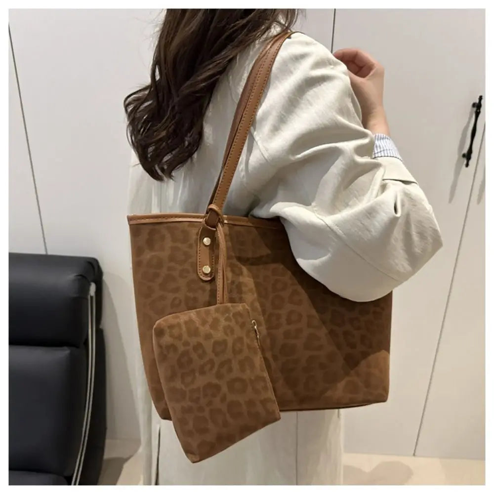 Vintage Leopard Print Women Tote Bag PU Leather Large Capacity Underarm Bag with Mini Bag Briefcase Bags