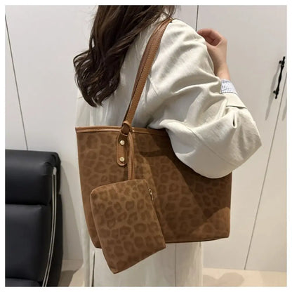 Vintage Leopard Print Women Tote Bag PU Leather Large Capacity Underarm Bag with Mini Bag Briefcase Bags