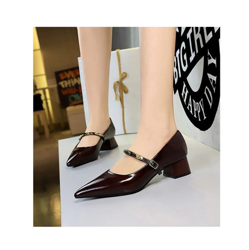 Women Korean Vintage Soft Split Cow Leather Pointed Pumps Simple Single Metal Buckle Strap Mid Chunky Heel Comfort Office Daily