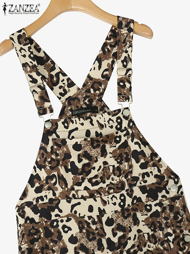 2025 ZANZEA Women Long Jumpsuits Leopard Print Summer Overalls Casual Pockets Fashion Wide Leg Pants Loose Streetwear Rompers