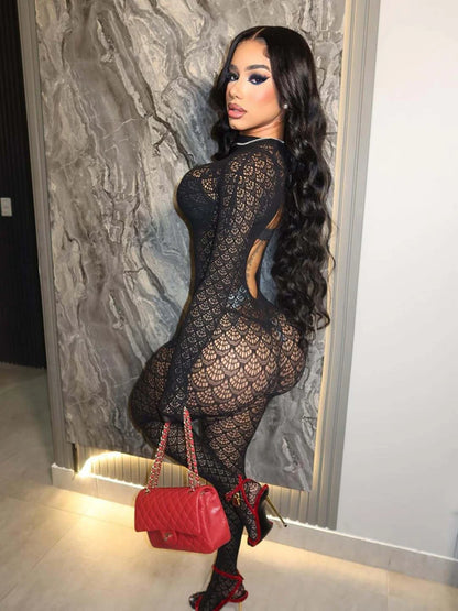 Women's Jumpsuits Lace See Through Mesh Stretch Rompers Sexy One Piece Backless Bodycon Jumpsuit Night Out Club Party Wear