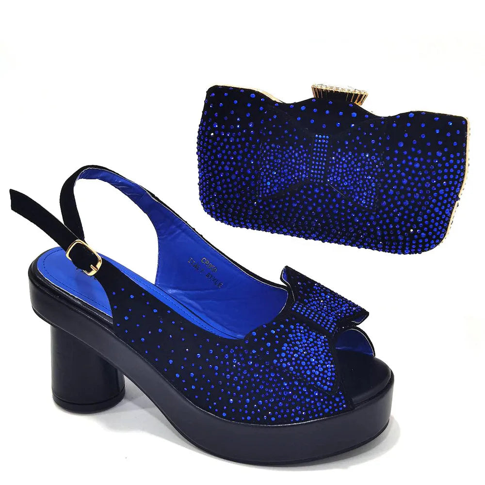 2024 Silver Fashion Square Heels with Platform African Women Shoes and Bag Set Full Crystal Pumps for Wedding Party