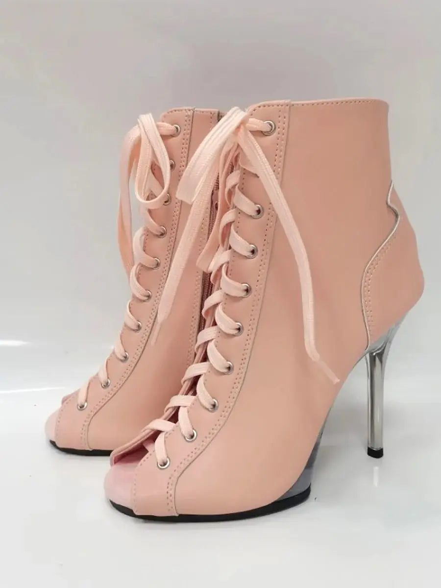 Pink 12cm high-heeled shoes,Twisted buttocks dance modeling performances 5 inch transparent soles sexy Fetish short Ankle Boots