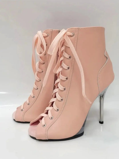 Pink 12cm high-heeled shoes,Twisted buttocks dance modeling performances 5 inch transparent soles sexy Fetish short Ankle Boots