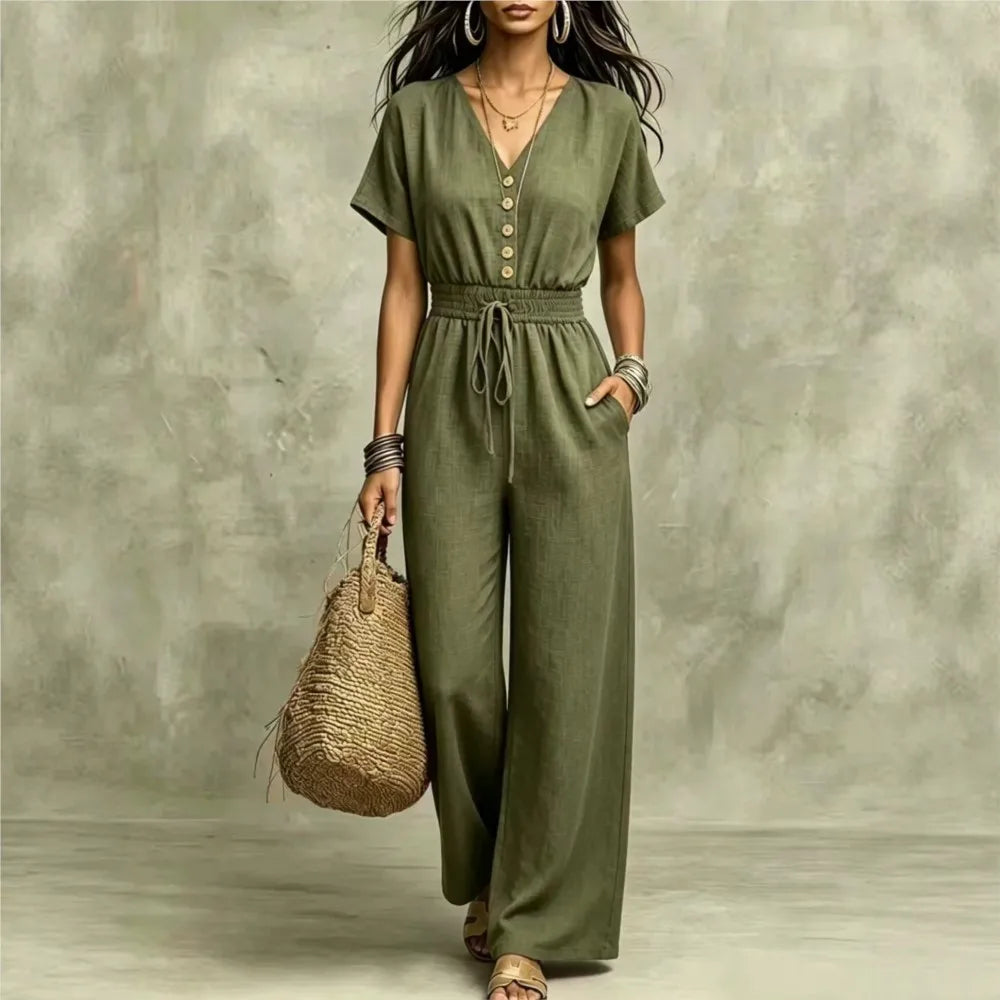 Elegant Women V-neck Buttons Jumpsuits summer solid short sleeve Drawstring wide leg Jumpsuit casual commuting Slim Rompers