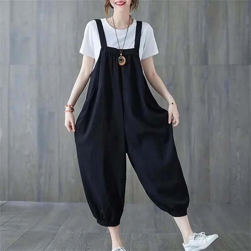 Casual Rompers For Women 2026 New Summer Large Size Korean Loose Harlan Jumpsuit Pants Solid Ladies Suspender Overalls L-5XL
