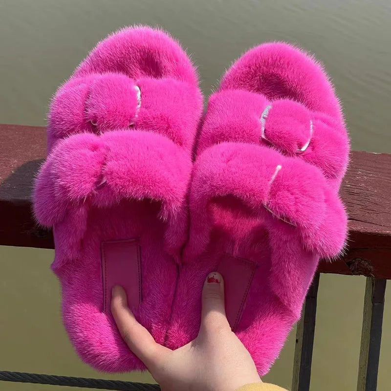 Luxury Designer Slipper Women 2025 Winter European Fashion Women's Shoes Ladies Slippers 100% Mink Slippers Shoes for Woman