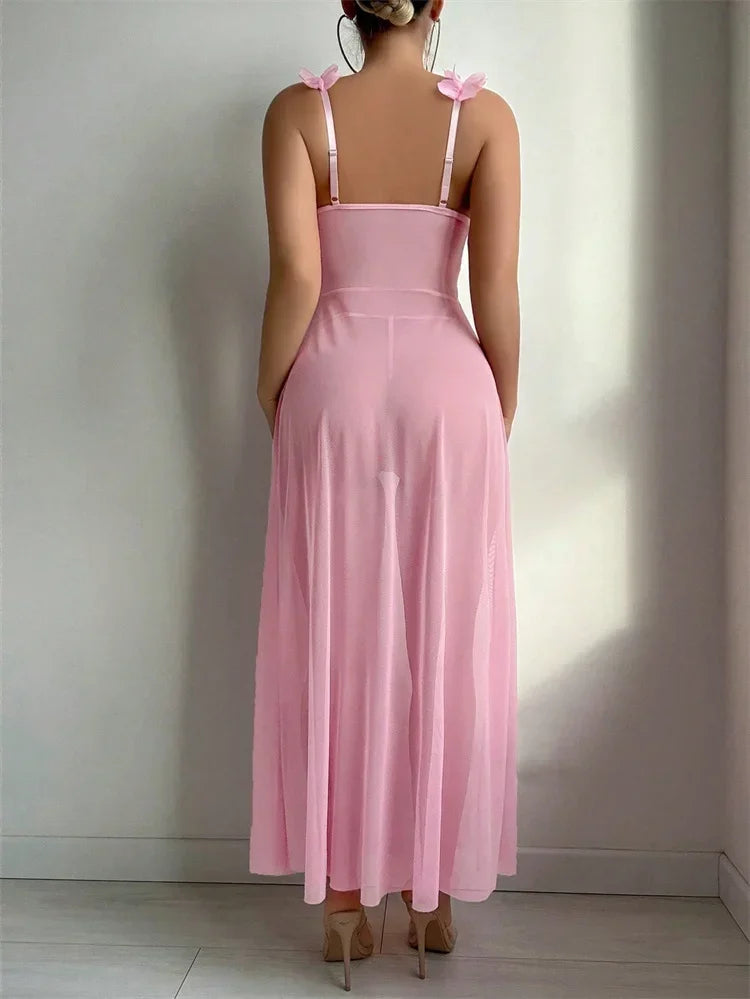 Women Babydolls Nighties Pink Floral Sexy Lingerie Dress Exotic Slip Nightdress Deep-V Lace Mesh See Through Nightgowns