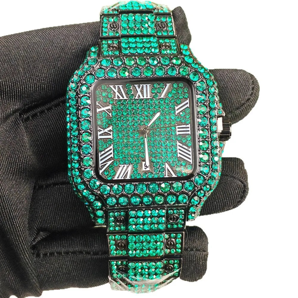Classic Blue Black Iced Out Quartz Watch Men Full Diamond Watch Male Sliver Vintage Square Shaped Hip Hop Man AAA Clock Reloj