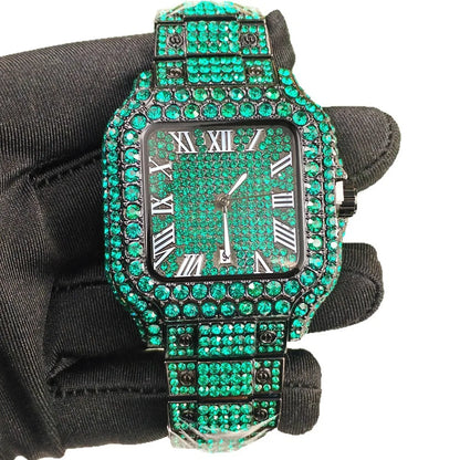 Classic Blue Black Iced Out Quartz Watch Men Full Diamond Watch Male Sliver Vintage Square Shaped Hip Hop Man AAA Clock Reloj