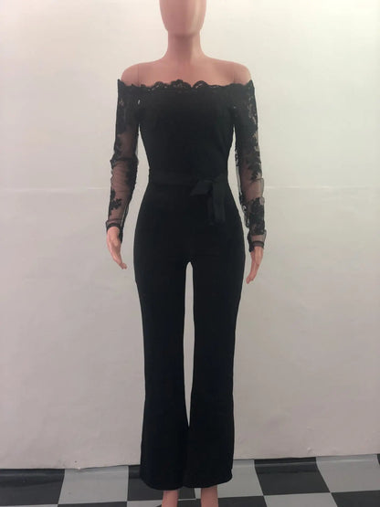 Womens Elegant Off Shoulder Long Pants Wide Leg Jumpsuits Floral Embroidery Lace See Through Cocktail Club Party Evening Rompers