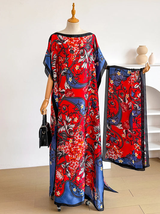 Vintage Curly Vine Floral Print Satin Abaya Scarf Set, Loose Batwing Kaftan For Muslim Women Summer Daily Beach Holiday Wear