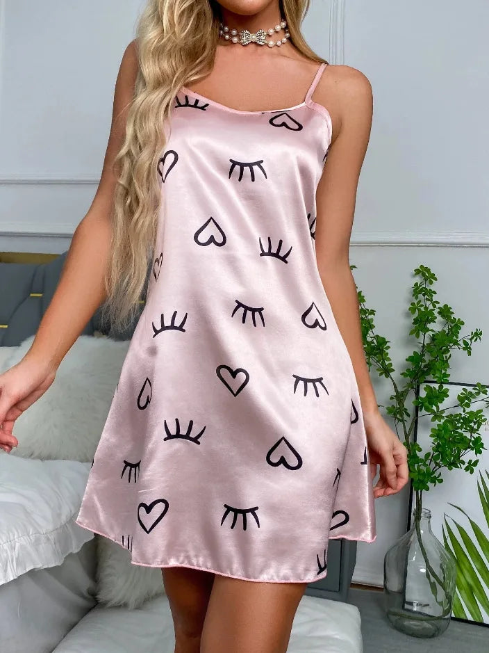 Ladies Sexy Sling Nightgown Nightdress Women's Sexy Lingerie Silk Satin Sleepwear Floral Pinting Nightwear Homewear Mini Dress
