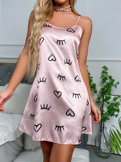 Ladies Sexy Sling Nightgown Nightdress Women's Sexy Lingerie Silk Satin Sleepwear Floral Pinting Nightwear Homewear Mini Dress