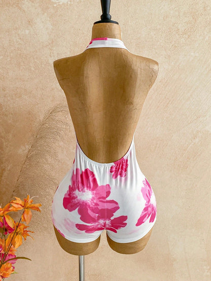 Pure Desire Style Pink Floral Halter Neck Jumpsuit, Deep V-Neck, Waist-Cinching, Slimming Hot Girl Beach Short Jumpsuit