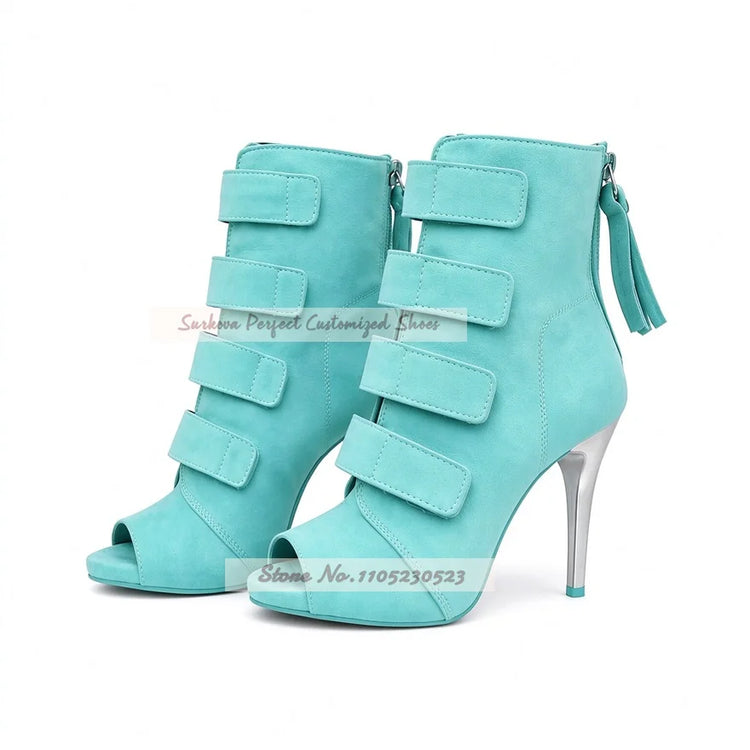 Turquoise Suede Silver Stiletto Heel Ankle Boots Open Toe Band Decor Sandal Booties Elegant Back Zipper Dress Shoes