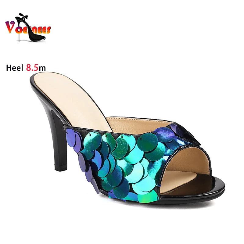 Elegant Style Lady Slippers Nightclub Club Summer Sequins High Heels Luxury Designer Stiletto Sandals Women Party Shoes Female
