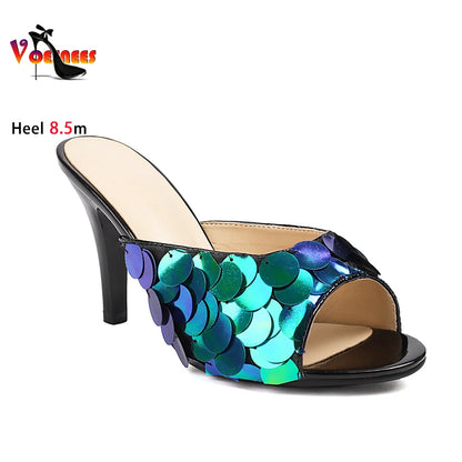 Elegant Style Lady Slippers Nightclub Club Summer Sequins High Heels Luxury Designer Stiletto Sandals Women Party Shoes Female