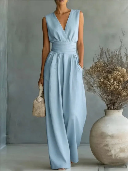 Summer Sexy Deep V-neck Short Sleeve Jumpsuits Elegant Women Solid High Waist Rompers Casual Sleeveless Wide Leg Pants Jumpsuit