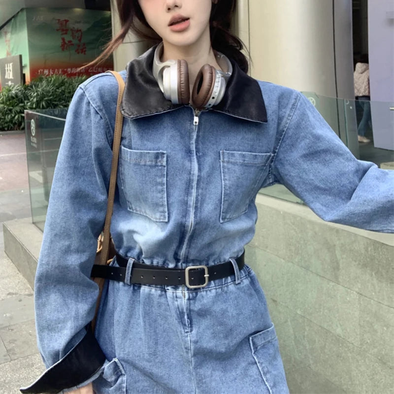 Retro PU Patchwork Denim Jumpsuits Women Long Sleeve Elastic Waist Loose Casual Romper Zipper Pocket Wide Leg Jeans Patns