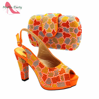 New Shoes and Matching Bag for Nigeria Party Slip on Shoes for Women Ladies Italian Shoes and Bag Set Decorated with Rhinestone