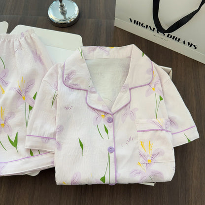 Women Summer Lapel Open Front Pajama Set Short Sleeve Top Shorts, Sweet Ins Teen Loungewear, Casual Daily Outdoor Home Wear Suit