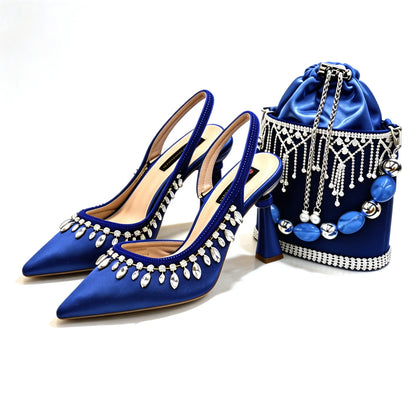 Royal Blue Bridal Shoe & Bag Set Sparkling Rhinestone Pointed Toe High Heels Slingback Pumps for Wedding Guest Prom Party