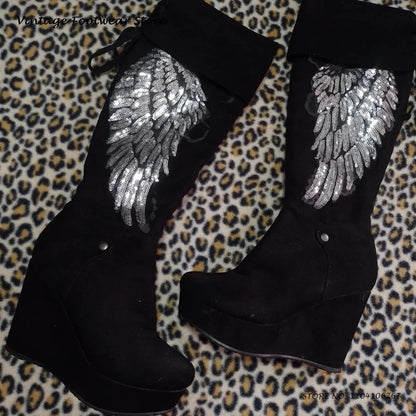 Sequins Angle Wings Knee-high Boots Fashion Round Toe Hight Wedges Platform Shoes Street Style Glittering Trending Suede Boots