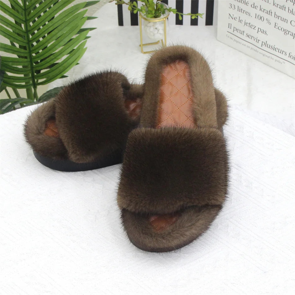 2026 Women Real Mink Fur Slippers Indoor Outdoor Luxury Shoes For Women Comfort Platform Fluffy Slipper Slides For Woman Summer