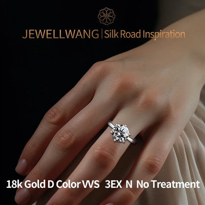 JEWELLWANG 18K Pure Gold Lab Grown Diamond Ring for Women 0.5-3.0ct D VVS Engagement/Wedding/6 Claws Luxury Synthetic Ring(IGI)