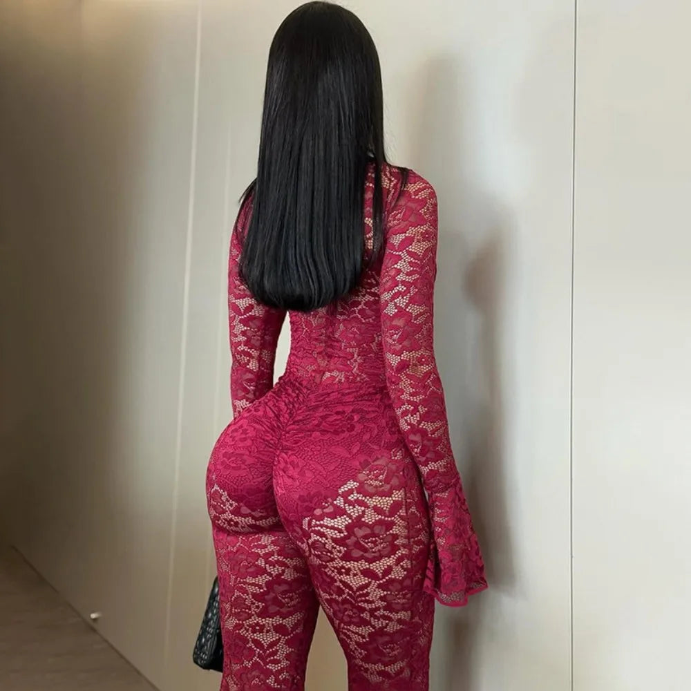 FLARORA Sexy Jacquard Lace Jumpsuits Woman Cutenew Hollow Out Ring Crop Bodycon Jumpsuit Hipster Stretch Midnight Street Overall