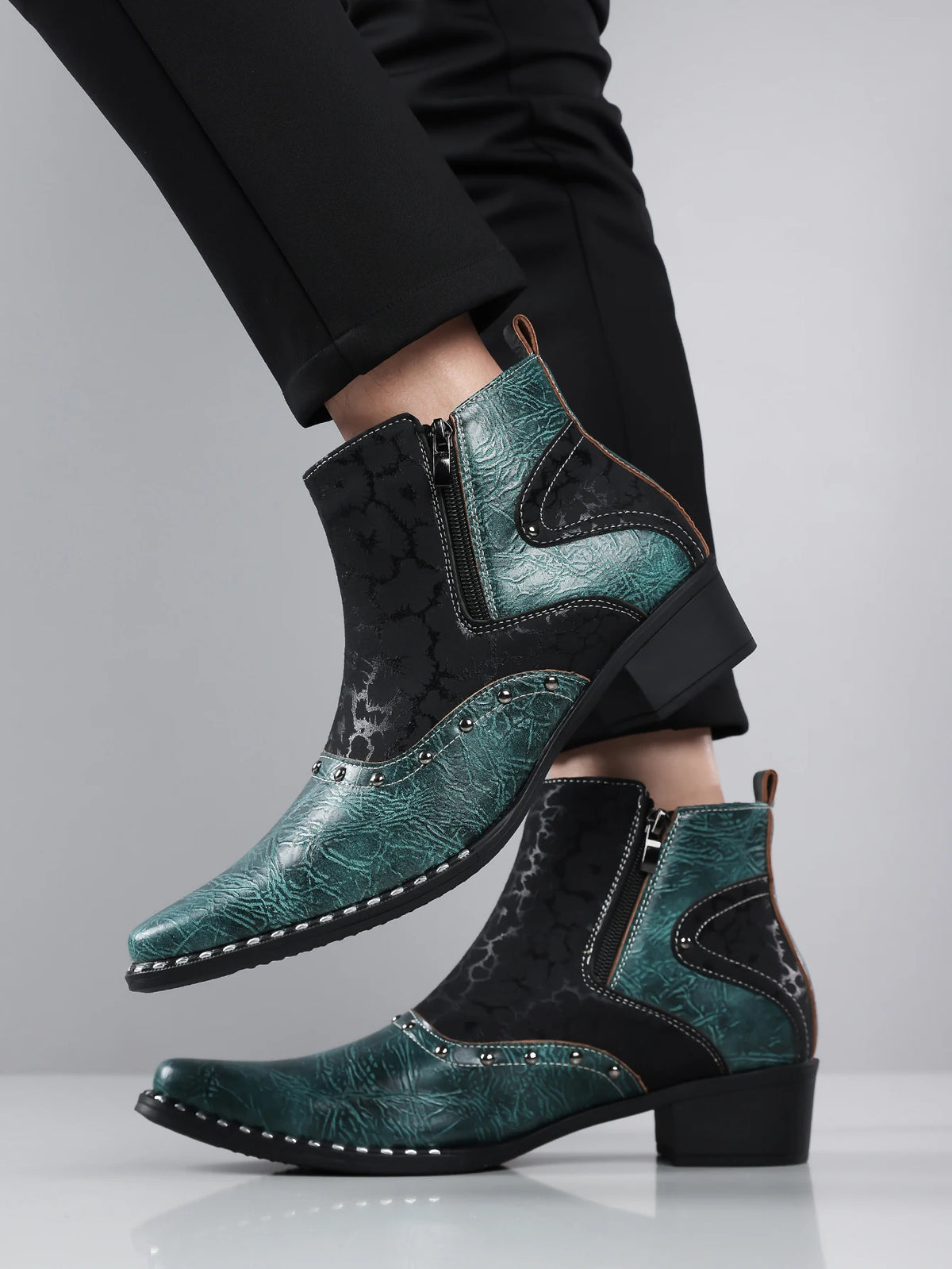 QRLQRL Men Black White Two‑Tone Western Ankle Boots Cracked Leather Panel Side Zipper Pointed Toe Cuban Heel Boots