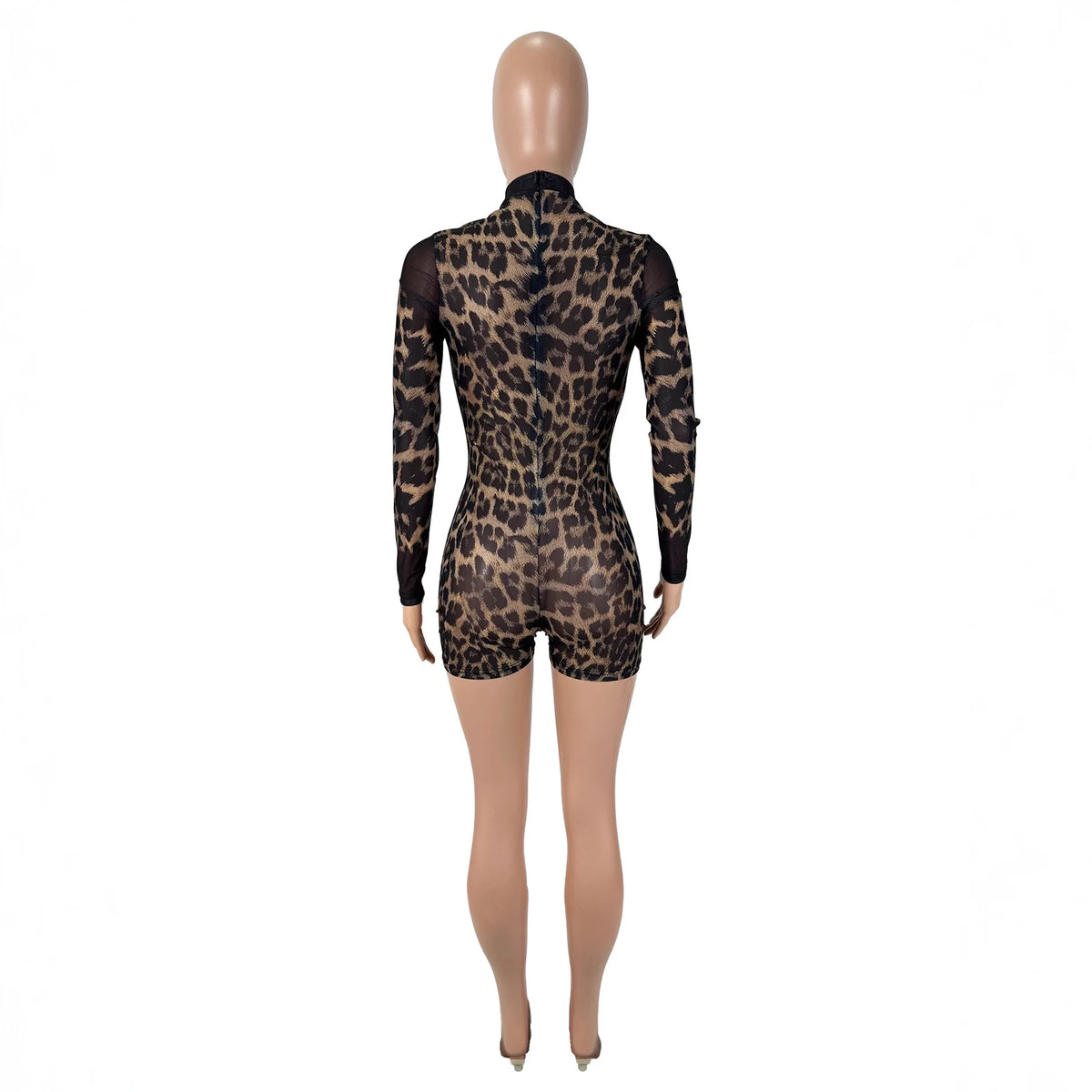 D9551 European and American Women's sexy Leopard Print Mesh Print See through Long-Sleeved Round Neck Jumpsuit Shorts