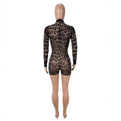 D9551 European and American Women's sexy Leopard Print Mesh Print See through Long-Sleeved Round Neck Jumpsuit Shorts