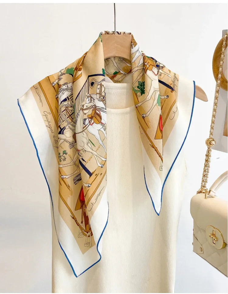 100% Mulberry Silk Square Scarf Vintage Equestrian Horse Saddle Print Bandana Unisex Neck Head Wrap Office Travel Holiday Gift