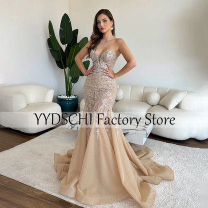 Customized Evening Dress V-Neck Embroidery 2024 Luxury Mermaid  Strapless Beading Dress Sexy Formal for Women vestidos de noche