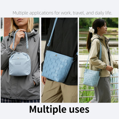 Besnfoto Camera Bag Stylish Woven Leather Shoulder Bucket Bag with Detachable Drawstring Pouch Removable Strap Vintage Crossbody Handbag Case for DSLR Mirrorless Camera Lens Sony Canon Nikon Women