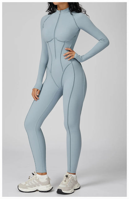 Sexy Rompers Workout Zipper Jumpsuit Long Sleeves Sports Bodysuits Women Gym Running Fitness Suits Gym Tracksuit Sportswear