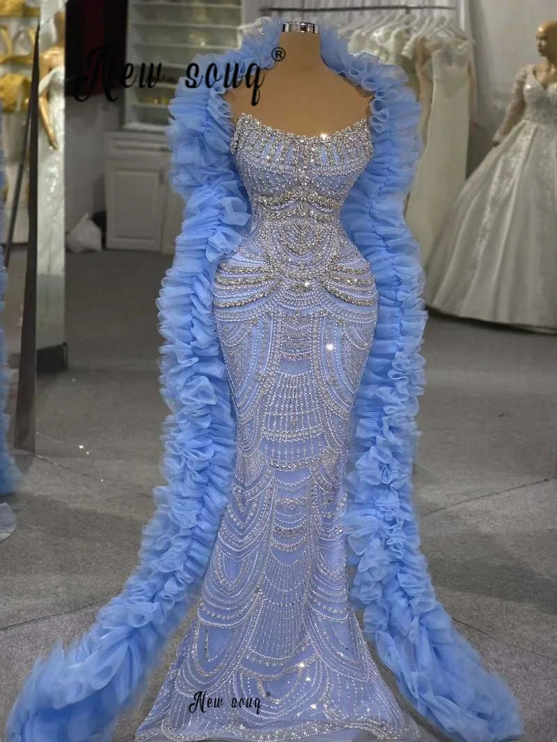 Blue Strapless Prom Dress With Detachable Long Shawl 2026 Customized Ruffles Puffy Scarf Wedding Second Reception Gown Ceremony